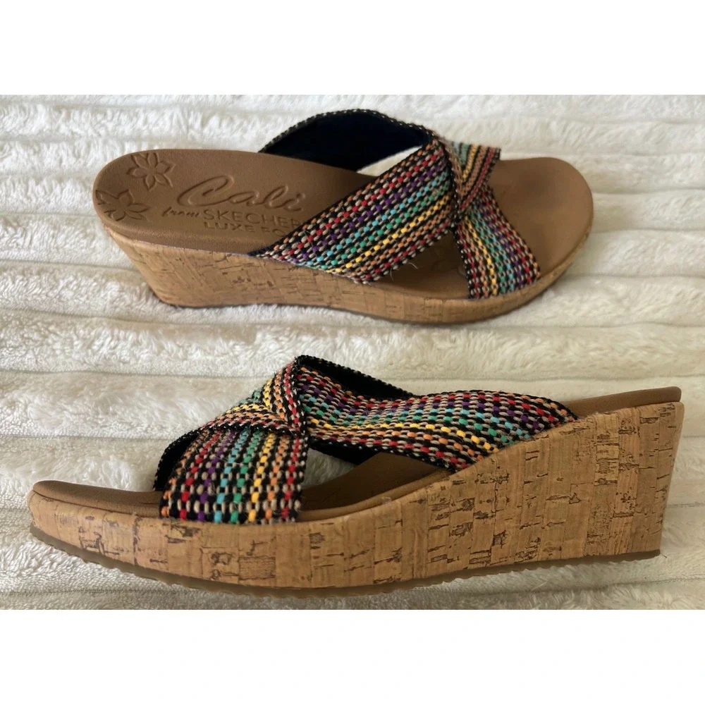 Skechers Cali Luxe Foam Womens Multi Color Woven Cork Wedge Sandals Slides